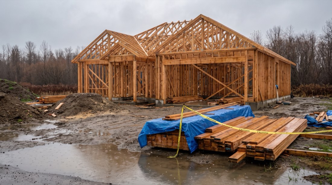 A conventional stick-built house still being framed in the rain