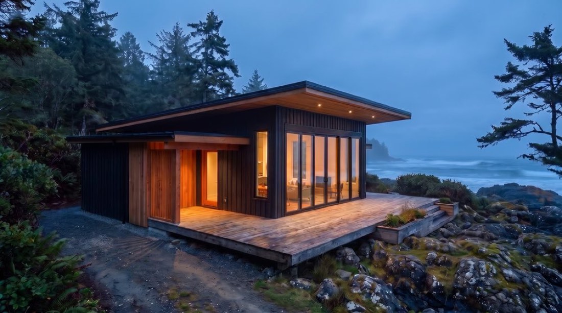The Tidewater, a finished Elk Ridge home lit up at dusk